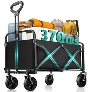 Collapsible Wagon with Wheels, 370lbs Weight Capacity Foldable Beach Wagon with Flexible Handle Portable Utility Wagon Cart for Outdoor, Grocery, Garden, Camping