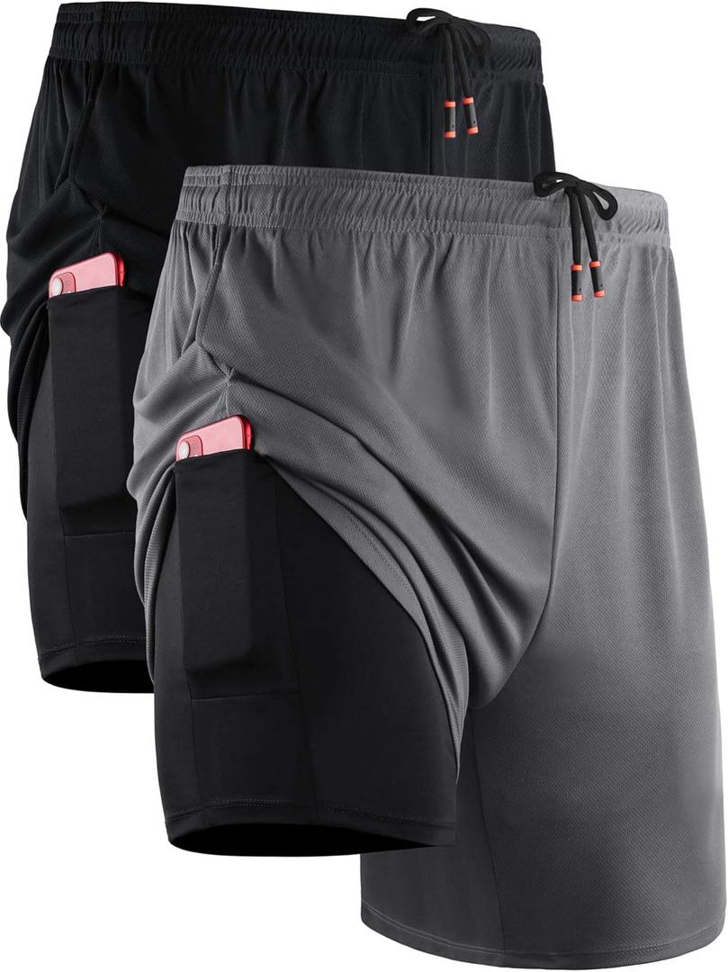 NELEUS Men's 2 in 1 Running Shorts with Liner,Dry Fit Workout Shorts with Pockets (X-Large, 6070 Black/Grey,2 Pack)