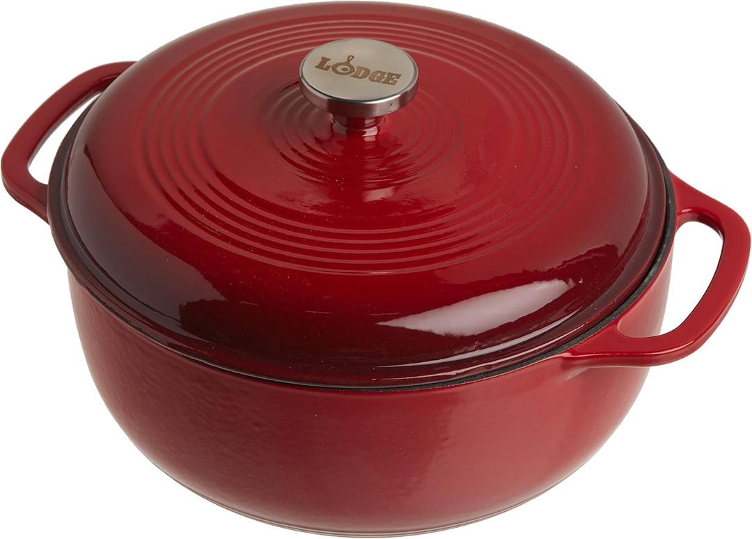 Lodge Essential Enamel Cast Iron Dutch Oven - Perfect for Bread Baking, Braising, Marinating & Slow Cooking - Features Moisture-Sealing Lid & Dual Handles - Kitchen Essentials - 6 Quarts - Island Spice Red