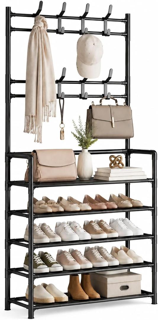 Shoe Rack 5 Tier With Coat Rack, Freestanding Shoe Organizer For 15-20 Pairs With 8 Hooks, Entryway Closet Storage Shelf, Black