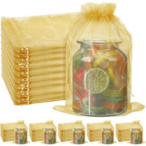 Windyun 100 Pcs Gold Large Organza Bags Bulk 12 x 8 Inch Sheer Mesh Drawstring Gift Packaging Pouch Bags for Christmas Wedding Game Party Favor Supplies