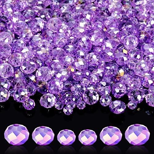 WILLBOND 600 Pcs Crystal Glass Beads for Jewelry Making Bulk Suncatcher Faceted Rondelle Loose Gemstone for Valentine's Day, Irish Holiday, Easter Bracelet DIY Crafts 8mm, 6mm, 4mm(Purple)