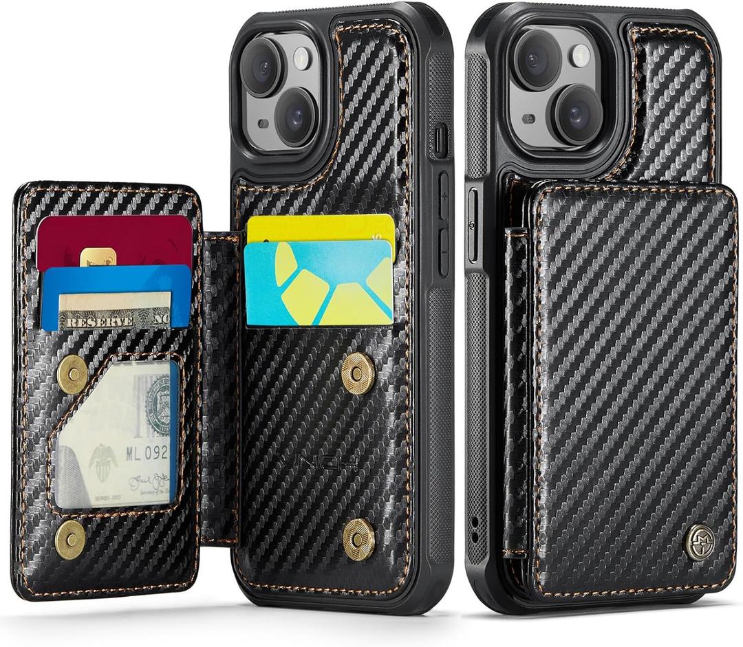 Vinich for iPhone 15 Wallet Case with Card Holder, RFID Blocking Credit Slots Kickstand Shockproof Phone Cover Fit for iPhone 15 6.1" Carbon Black