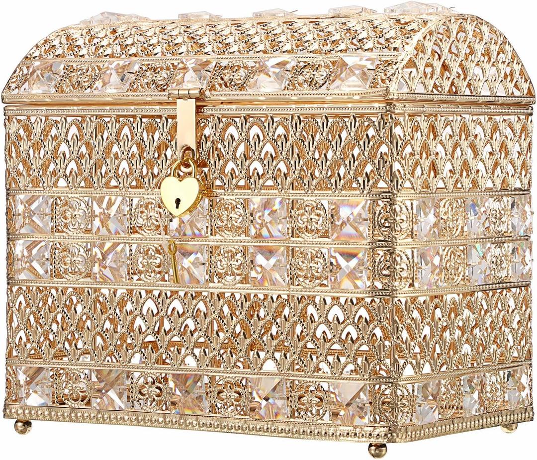 ELLDOO Crystal Wedding Card Box with Heart Lock, Vintage Money Card Box Treasure Chest Style Gold Gift for Wedding Receptions, Centerpiece Decor, Anniversary Keepsake, Gift, Small Size
