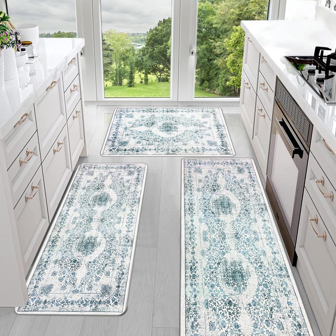Sofort Kitchen Mats for Floor, Boho Kitchen Rugs Sets of 3, Non Slip Washable Kitchen Runner Rug, Rugs for Kitchen Floor, Hallways, Entryway, Laundry (Blue)