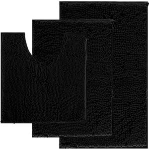 Run Helix Black Bathroom Rug Set Extra Soft Bath Rugs for Bathroom 3 Piece Bathrom Set Anti-Slip Bath Mats Soft Plush Chenille Shaggy Mat Living Room Bedroom Mat Floor Water Absorbent Floor Mat