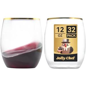 JOLLY CHEF 32 Pack 12oz Gold Plastic Wine Glasses Stemless, Disposable Wine Cups, Premium Quality, Recyclable, Unbreakable, Crystal and BPA-Free for Party