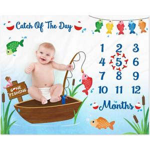 Gone Fishing Baby Monthly Milestone Blanket Little Fisherman Bobber Photo Prop Ideas for Newborn Boy & Girl Nursery Dcor (40" X 50")