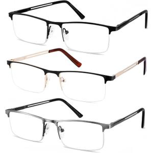 JJWELL 3 Pack Mens Reading Glasses Blue Light Blocking, Metal Rectangle Semi Rimless Readers for Men, Anti Eyestrain/Computer Glare/UV, Half Frame Spring Hinge Eyeglasses with Pouches(3.25) (Black Gunmetal Gold)