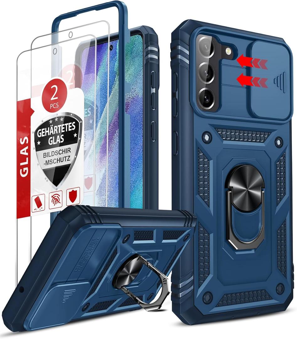 LeYi for S21-FE Phone Case: Galaxy S21 FE 5G Case with S21FE Screen Protector Tempered Glass X 2, Rotatable Ring Kickstand & Camera Cover, Full Body Protection for Samsung Galaxy S 21 FE Case, Blue