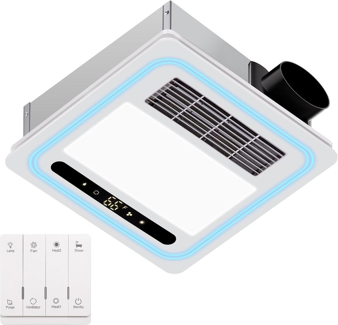 4-in-1 Bathroom Exhaust Fan with Light and Heater, 190 CFM Powerful Ventilation, 1800W Pro-Grade Fast Heating, 1.0 Sone Ultra-Quiet, Remote Control Ceiling Bath Fan with RGB Ambient Light, 13.78'' * 13.78‘’