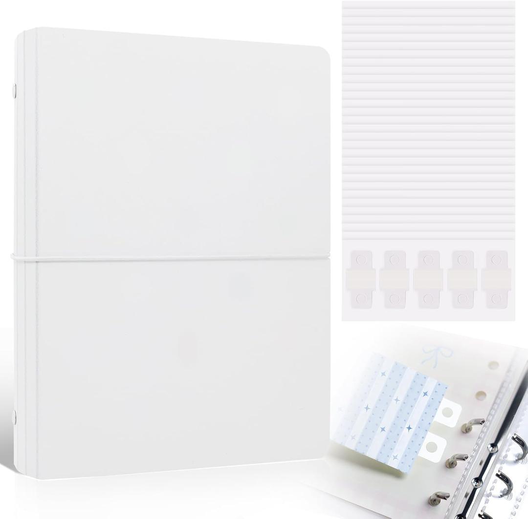 Refillable A5 Binder 6 Ring Cover for Planner Journal Budget Notebook Making with 300 PCS Binder Sheet Converter Sticker, Loose Leaf Cover with 20mm Inner Diameter Ring (Smooth-white)
