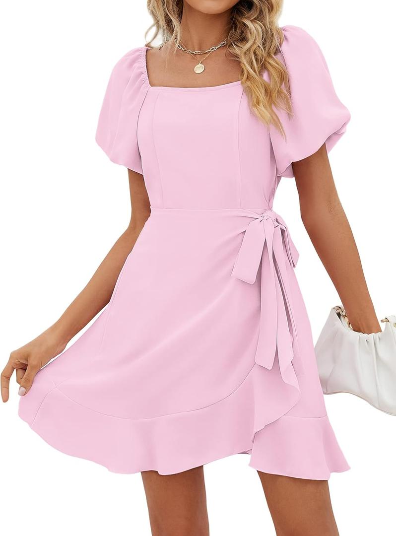 Sampeel Womens Summer Dresses Square Neck Puff Sleeve Tie Waist Short Dress (Large, Pink)