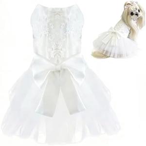 Dog Dress Tutu Skirt for Dogs Cats Girl, Sweet Dog White Princess Dresses with Bowknot, Pet Lace Costume Formal Clothes for Wedding Party Holiday Birthday (White, Medium(8-13lb))