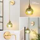 Battery Operated Wall Sconce with Green Tulip Shade Pattern Glass Adjustable Chain Retro Gold Wall Mounted Light, Modern Wall Lamp Fixtures Decor for Bedside Bedroom Indoor Doorway (Battery Operated (1 pack)- Long Cord)