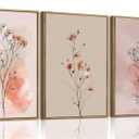 okudolit Boho Vintage Flower Wall Art Set of 3 Minimalist Floral Botanical Prints Rustic Wildflower Wall Decor Beige and Pink Neutral Plant Painting for Living Room Bedroom Office-16x24in