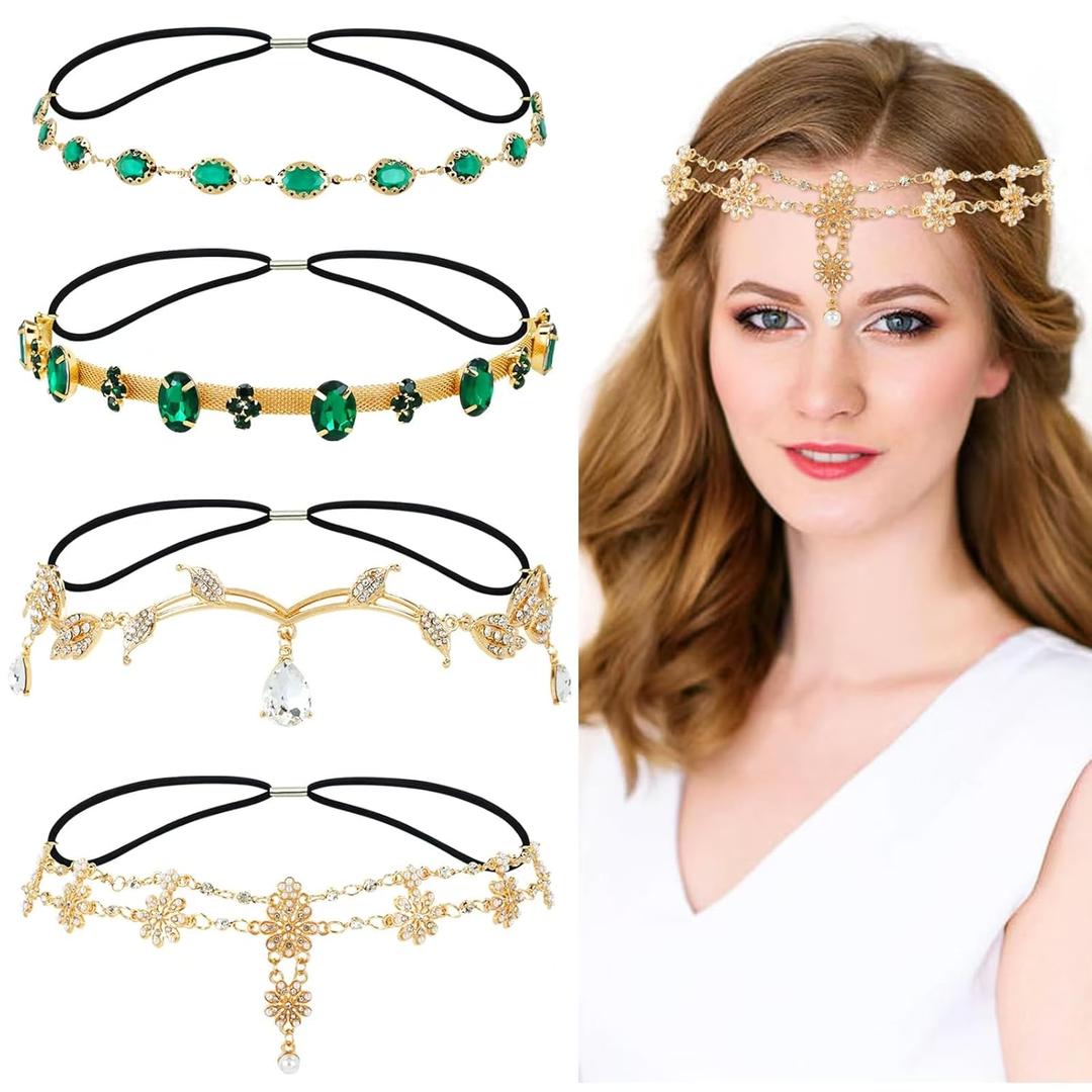 Dizila 4 Pieces Crystal Rhinestone Gems Jewelry Head Chains Boho Headbands Forehead Chains with Rubber Bands Prom Party Accessories Headpieces for Women Girls
