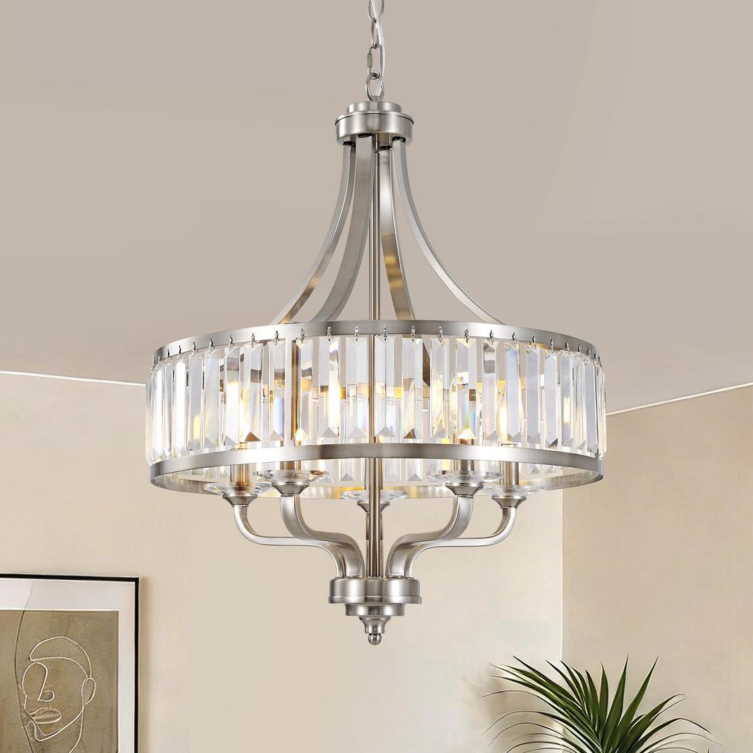 ZXFDWB 20" Brushed Nickel Crystal Chandelier,5-Light Modern Dining Room Light Fixture Over Table Adjustable Height Hanging Industrial Pendant Lights Kitchen Island,Living Room Kitchen Island Entryway