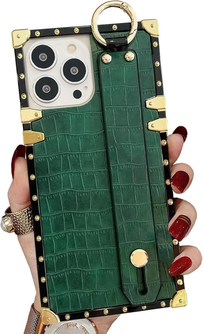 Compatible with iPhone 16 Pro Case Luxury Designer for Women Girls,Rectangle Crocodile Leather with Wristband Strap Kickstand Holder Protective Phone Cover for 16 Pro - 6.3 inch (Green)