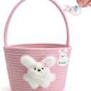 Pink Easter Basket for Kids, Reusable Woven Basket with Handle, Bunny Easter Gift Bag for Girls & Toddlers, Egg Hunt Bag (pink)