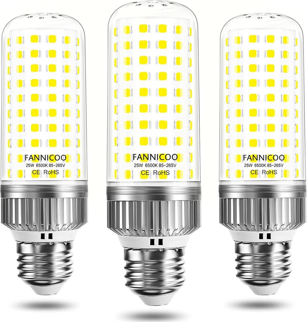 E26 LED Bulb,25W LED Corn Light Bulb 200W Equivalent 6500K Cool Daylight White 2500LM Non-dimmable Flicker Free Ceiling Fan LED Corn Bulb for Indoor Outdoor Home Garage Pack of 3