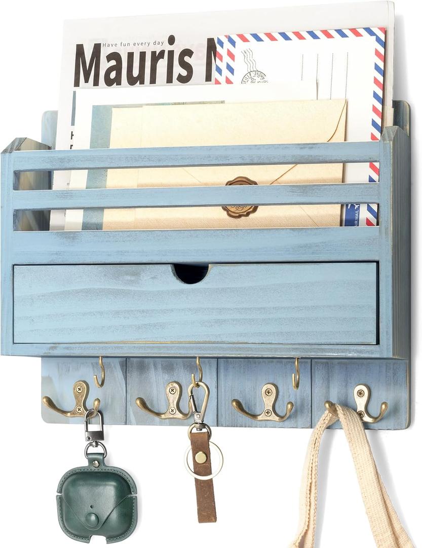 Rebee Vision Rustic Mail Organizer Wall Mounted with Drawer Organizer  Farmhouse Key and Mail Holder for Wall with 7 Key Hooks  Home Essentials for Room Decor Aesthetic (Distressed Blue)