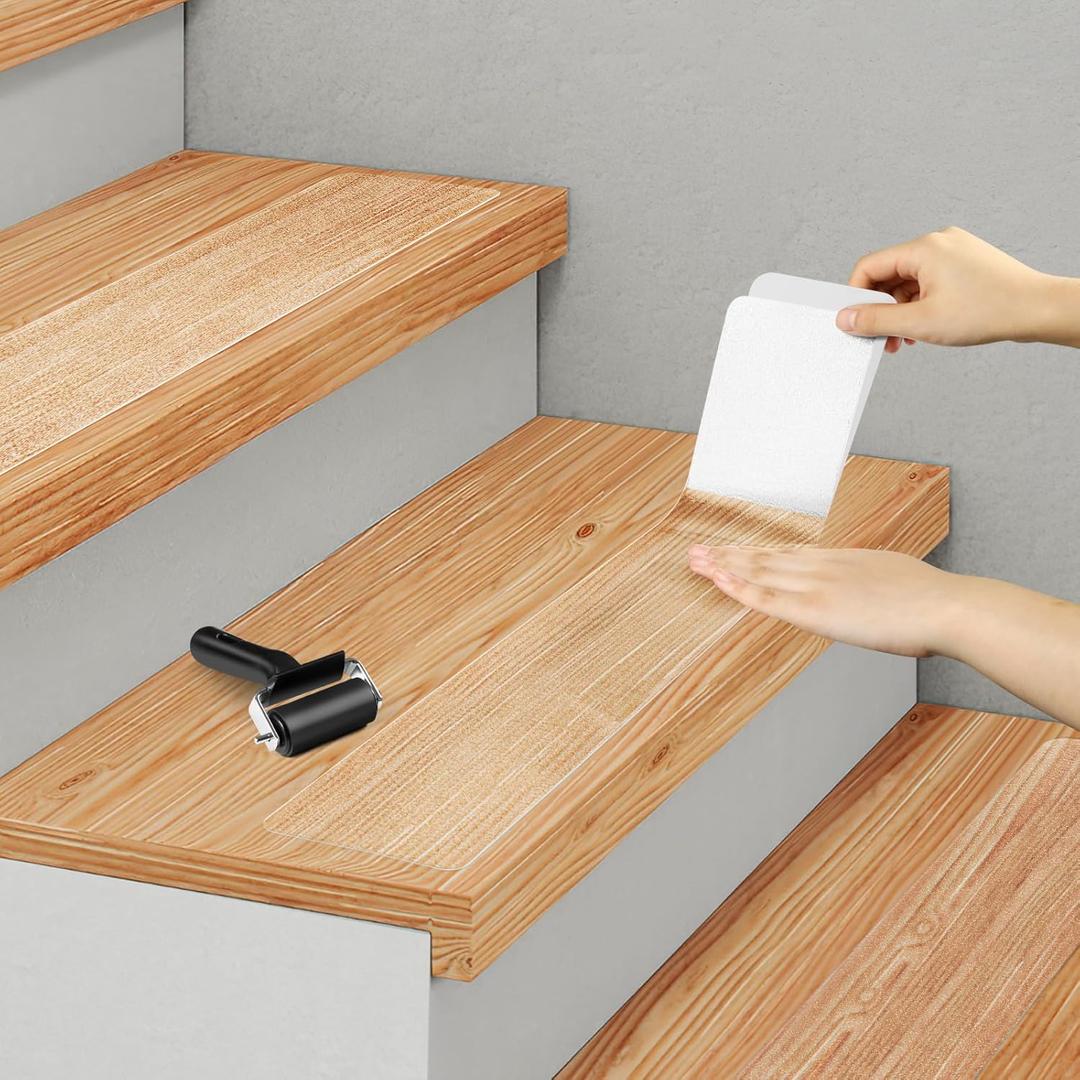 SMILOOL Clear Non-Slip Treads for Wooden Steps Indoor 15 Pack 4" x 24" Pre-Cut Anti-Slip Strips, Transparent Grip Tape for Wood Stairs, Waterproof Step Grips for Dogs, Kids and Pets