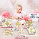 Suzile 6 Pcs First Communion Wooden Decorations Baptism God Bless Centerpiece Floral Baptism Decor for Christening Baby Shower First Communion Religious Birthday Party Supplies(Gold, Pink)