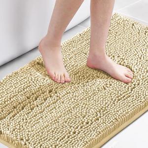 Bath Rug Chenille Floor Mat Ultra Soft Washable Bathroom Dry Fast Water Absorbent Bedroom Area Rug, 17 x 28 - Inch, Beige