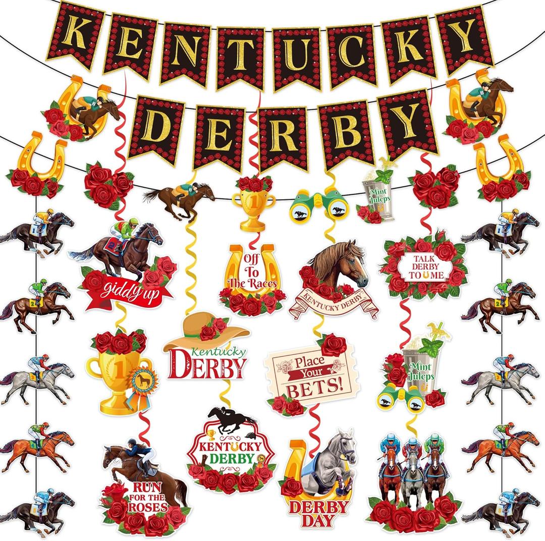 17Pcs Derby Decorations Banner Set Include NO DIY 3Pcs Horse Party Banner 12Pcs Horse Racing Decorations Hanging Swirls and 2Pcs Hanging Garland Decor for Run for The Roses Derby Party Decor Supplies