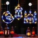 LOLStar Ramadan Decorations, 3 Pack Blue and Warm White Lantern, Moon, Mosque Eid Mubarak Window Lights Battery Operated Hanging LED Lights with Timer & Slow Fade Mode, Perfect Decor for Eid al Fitr