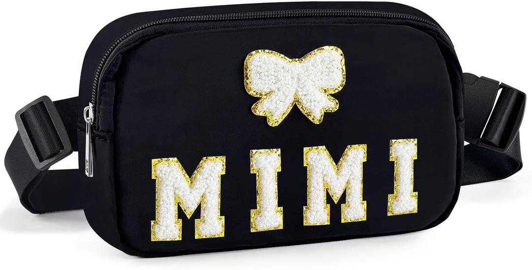 Stocking Stuffers Fanny Packs Christmas Gifts for Grandma, Chenille MIMI Bow Patches Crossbody Bags Birthday Gifts From Daughter Son Grandkids, Black Women Belt Bag Must Haves for Travel Walking