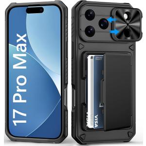 For iPhone 17 Pro Max Case Wallet, Card Holder (4-5 Cards), Slide Camera Cover, Military Drop Protection, Rugged Heavy Duty Men Women Protective Phone Case for iPhone 17 Pro Max 6.9" 2025, Black