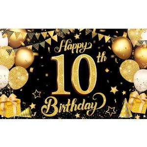 KatchOn, Gold Happy 10th Birthday Banner - Large, 72x44 Inch | Glitter Backdrop For Happy 10th Birthday Decorations | Black and Gold Party Decoration