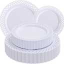 COLOSUS 60Pcs White Plastic Plates, Fancy White Disposable Plates,Nice Scallop plates,Heavy Duty Lace Hollowed Out Plates include 30 Dinner Plate 10 and 30 Salad/Dessert Plate 7.5for Motherz's Day