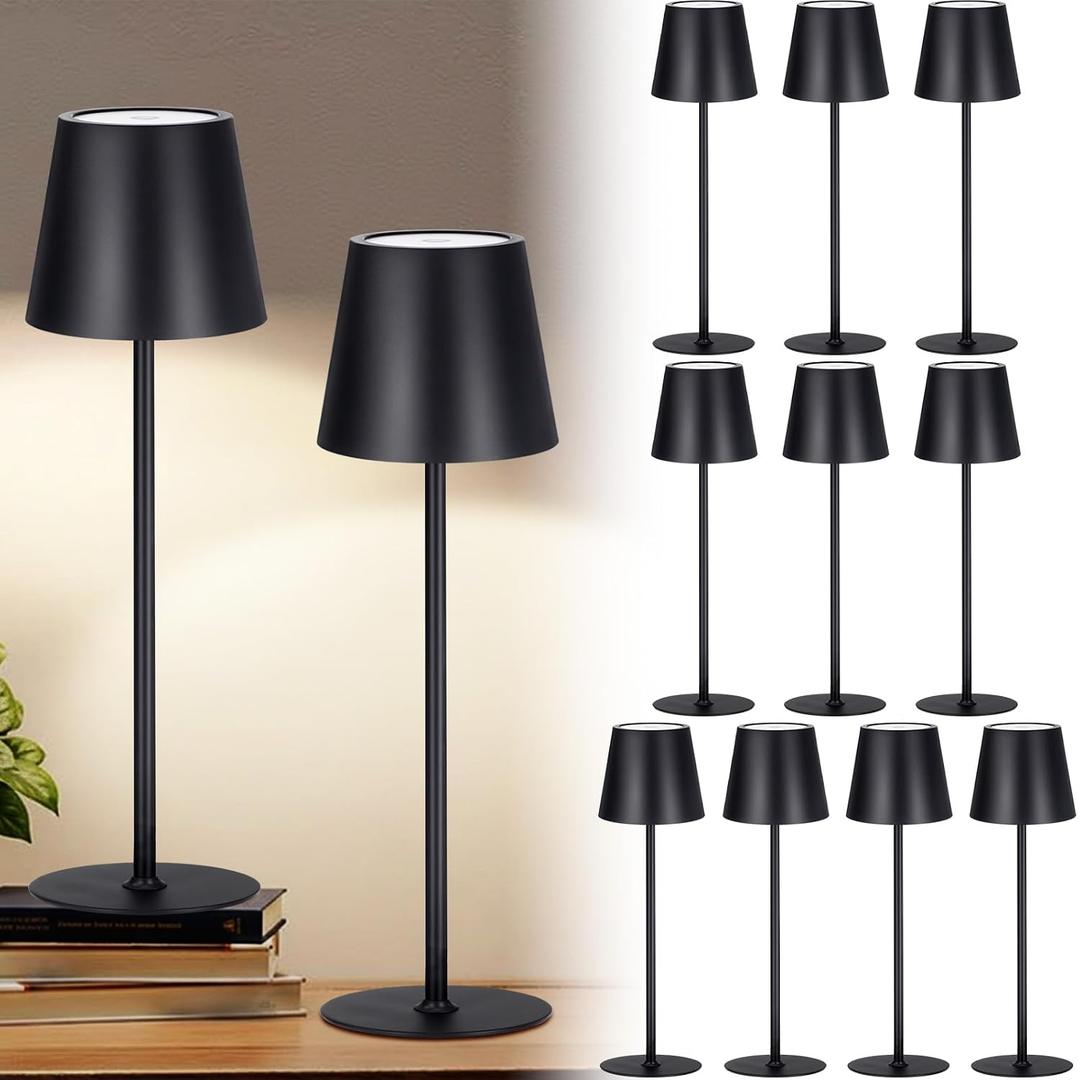 Retisee 12 Pack Cordless Table Lamp Portable LED Rechargeable Desk Lamp 3000mah Battery Operated 3 Color Stepless Dimming Waterproof Touch Control for Bedroom Restaurant (Black,Round Base)
