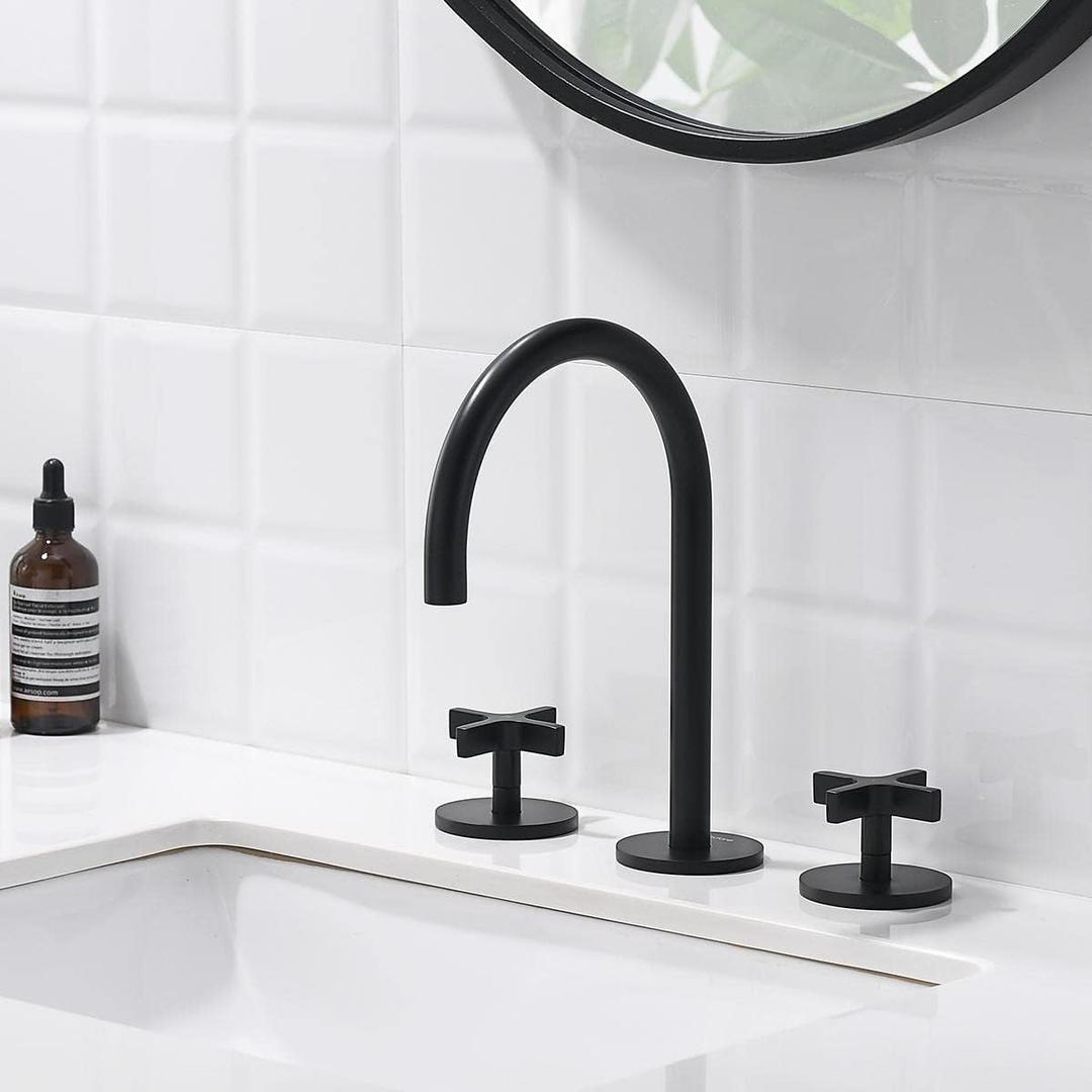 Matte Black Bathroom Faucet, Indare 8-inch Brass Widespread Faucet for Bathroom Sink 3 Holes with Pop-up Drain Assembly and Supply Lines Preassembled, 110101-PB