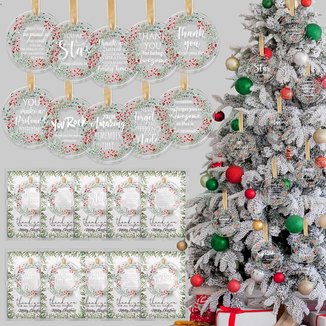 Kasyat 50 Sets Christmas Thank You Ornaments Gifts for Coworkers Employee Appreciation Gifts Acrylic Christmas Tree Hanging Ornament with Ribbon Inspirational Card Bulk for Teacher Team Staff Nurse