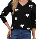 Womens V Neck Knit Sweaters Long Sleeve Lightweight Pullover Printed Cute Tops Winter Casual Fashion Outfits (Large, Black)