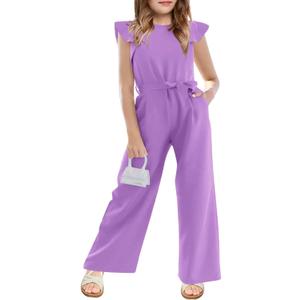 Haloumoning Girls Jumpsuit Kids Fashion Cap Sleeve Belted Wide Leg Romper One Piece Summer Outfits (7-8 Years, Purple)