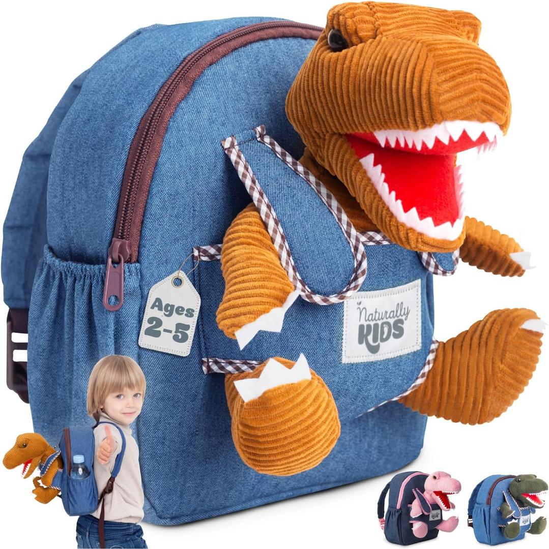 Naturally KIDS Toddler Backpack w. Plush Brown Dinosaur Toy, Kids Gift 2-5 | 2-in-1 Dinosaur Backpack w. Removable Plush, Side Pockets, Dinosaur Toys for Kids 3-5, Birthday & Christmas Gift for Boys