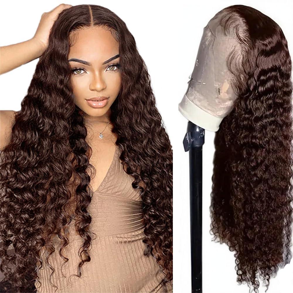 Deep Wave 4# Brown HD Lace Front Wigs 4x4 Inch Brazilian Virgin Human Hair Pre Plucked 180% Density Glueless Wear For Women 30 Inch