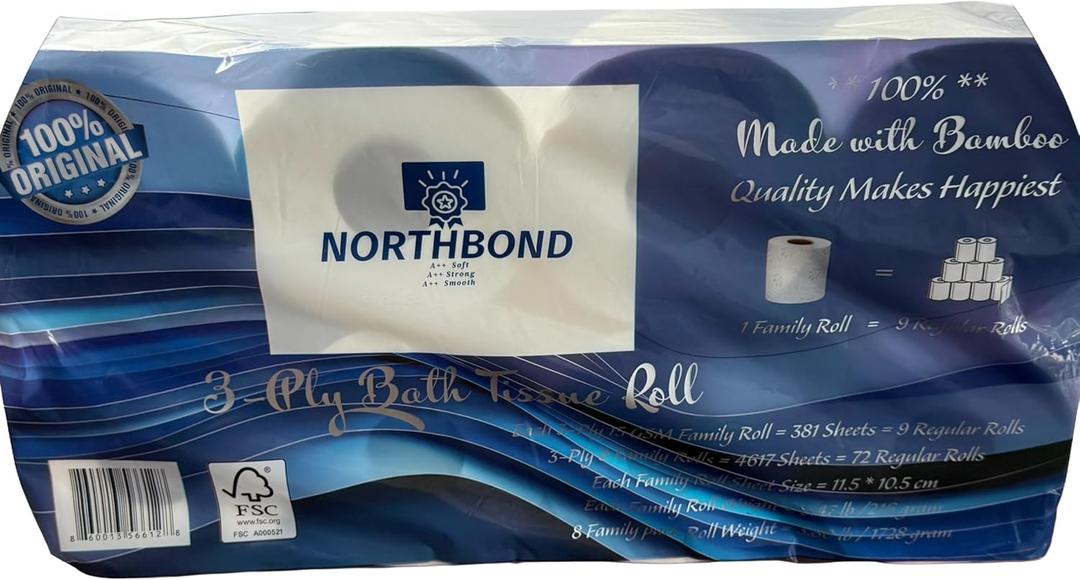Northbond Strong & Soft 3-Ply Bamboo Toilet Paper – Eco-Friendly, Sustainable, Ultra-Absorbent Bulk 8-Pack (72 Regular Rolls), 4617 Sheets for Families, Septic-Safe & Biodegradable.
