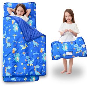 Toddler Nap Mat with Pillow and Blanket, Extra Large Rolled Napping Mats, Slumber Bags for Boys Girls, Kids Sleeping Bag for Daycare, 21" x 50" Preschool Travel Camping - Blue Dinosaurs