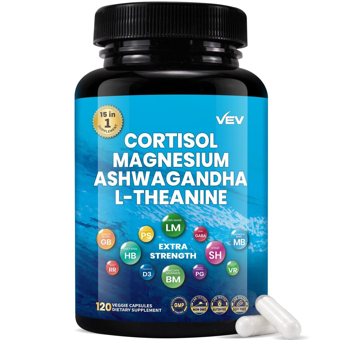 VEV Magnesium Complex Capsules, Glycinate & Citrate Cortisol Supplements for Women, Stress and Sleep Support with Ashwagandha & L-Theanine, 120 Vegan Capsules 10/10/26