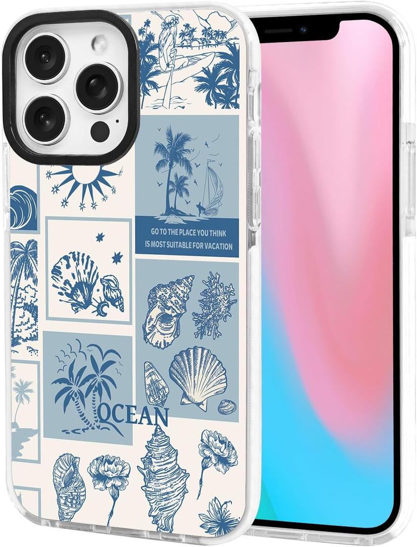ChiCsFleur for iPhone 12 Pro Max Case, TPU Phone case with Camera Protection for Women Girls Teens - Blue Coastal Holiday Palm Shell Sailor Moon Collage Ocean Gift Vintage Sorority Aesthetic Unique