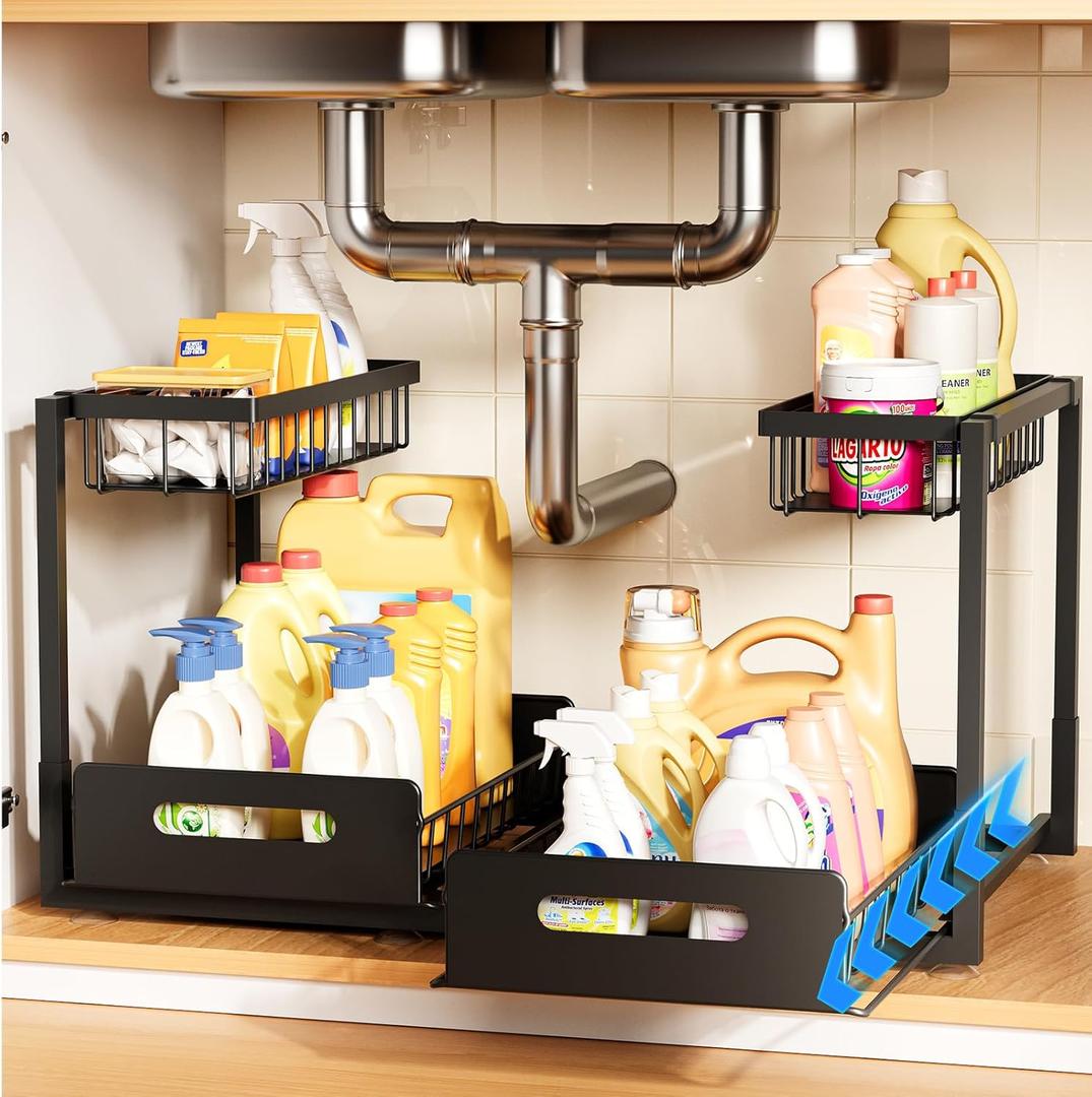 Under Sink Organizer, Metal Pull Out Cabinet Organizer Shelf, Kitchen Bathroom Organizers with Sliding Drawer, Storage Shelves, Storage and organization for Home, Laundry, RV, Pantry, Spice, Black, 2 Pack