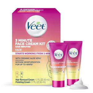 Veet 3 Minute Facial Hair Removal Cream for Women, Depilatory Cream with Organic Aloe Vera, 2 Piece Women's Facial Hair Remover Kit, 1.7 Fl Oz Hair Removal Cream + 1.7 Fl Oz Finishing Cream, Expiry date 11/26 