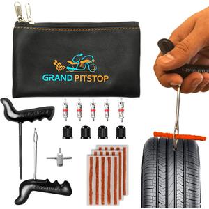 GRAND PITSTOP Tire Plug Kit, 27 Pcs Universal Heavy Duty Car Emergency Tool Kit for Flat Tire Puncture Repair, Compact Kit for Autos, Cars, Motorcycles, Trucks, RVs, etc.(15 Strips) (Puncture Kit+15 Strips)