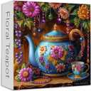 Vintage Teapot Puzzles for Adults 1000 Pieces, Larkipuzz Teacup Jigsaw Puzzles Flower Beaded Art, Hard Difficult Tea Time Theme as Home Decor